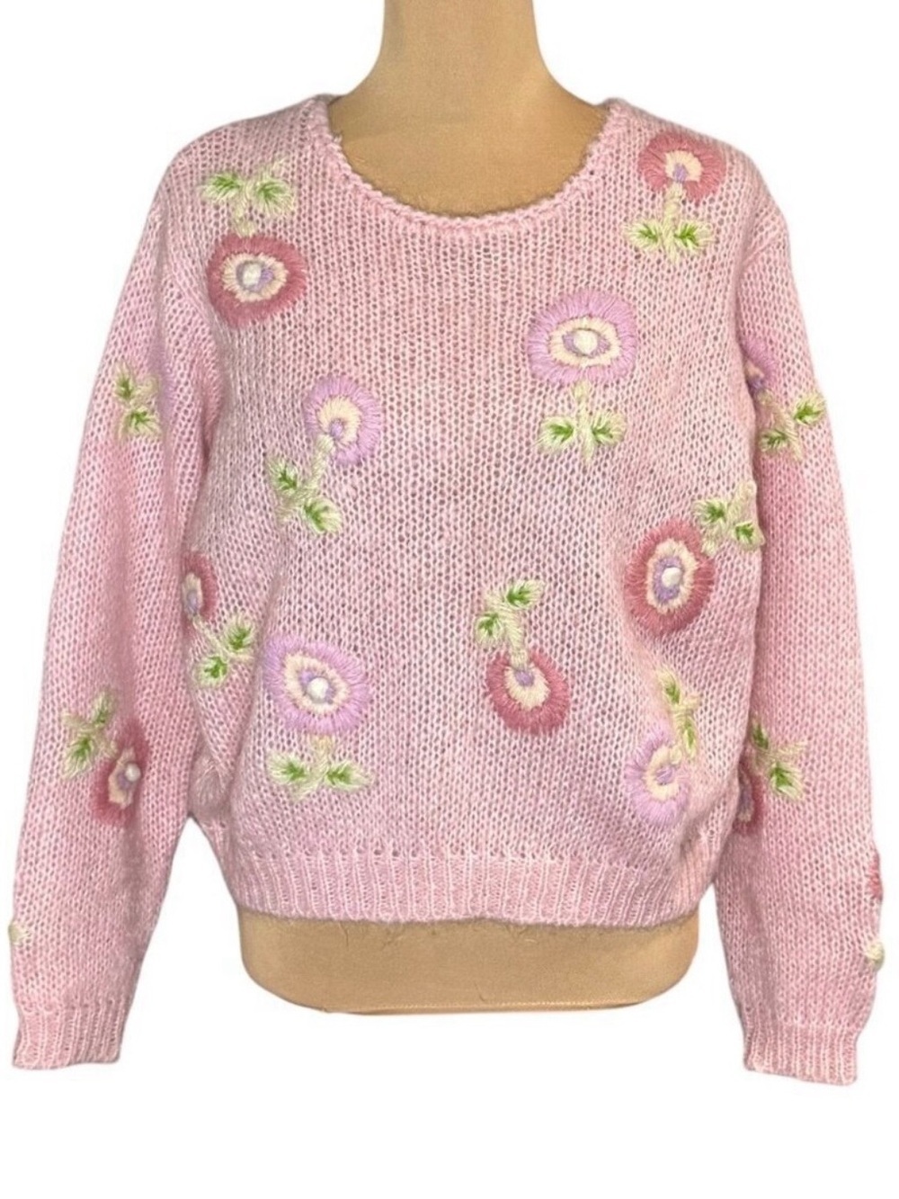 VTG Mohair Sweater Sz.M Pink Embroidered Coquette Cottage Flower Made In Japan